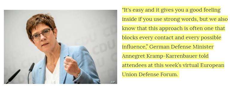 德国国防部长卡伦鲍尔：对华态度强硬只是让他们自我感觉良好罢了